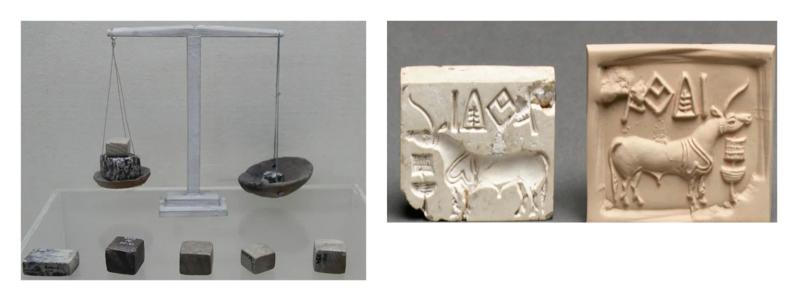 A set of Indus chert cube weights in graded sizes, with a scale. Alongside, an Indus stamp seal.