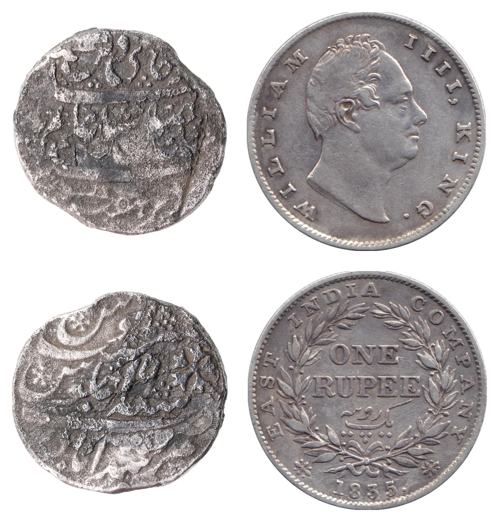 Two rupees side by side at actual size: a Company rupee in the name of Shah Alam II with frozen regnal year 19, and an 1835 William IV rupee. Same weight, same name, entirely different object.